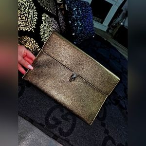 Alexander McQueen Metallic Leather Envelope Clutch with Crystal